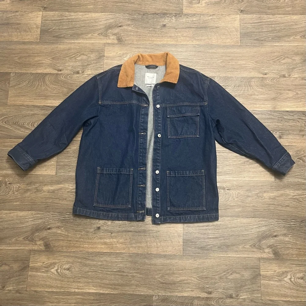 Abercrombie & Fitch Oversized Denim Utility Jacket Sz Large Blue Corduroy Collar - Picture 5 of 8